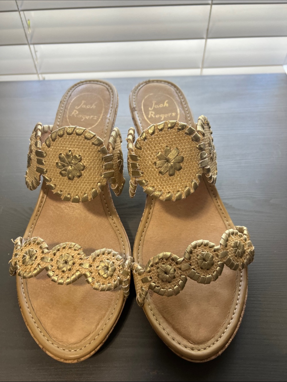 Jack Rogers Gold and Tan Braided Medallion Slide Sandals